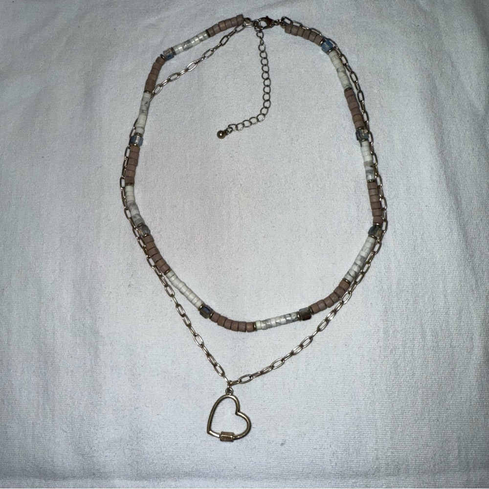 Taupe and White Marble Beaded Antique Gold Chain Heart Charm Layered Necklace